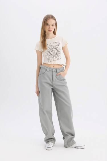 Fitted Crew Neck Printed Waffle Short Sleeve T-Shirt