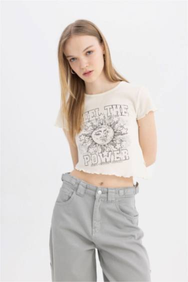 Fitted Crew Neck Printed Waffle Short Sleeve T-Shirt