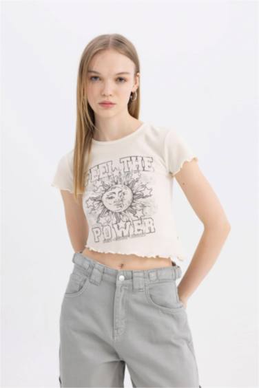 Fitted Crew Neck Printed Waffle Short Sleeve T-Shirt