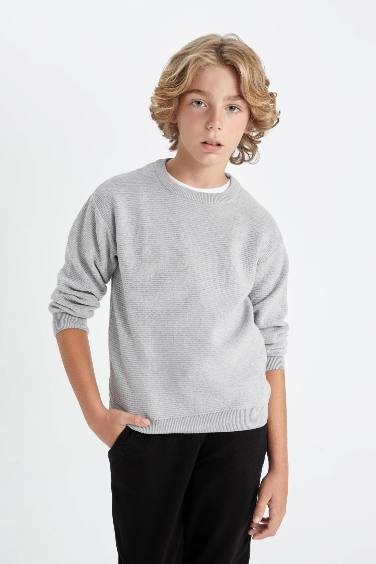 Pull en Tricot gris à Col Rond et à motifs unis pour Garçon