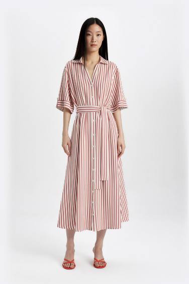 Shirt Collar Striped Belted Linen Midi Dress