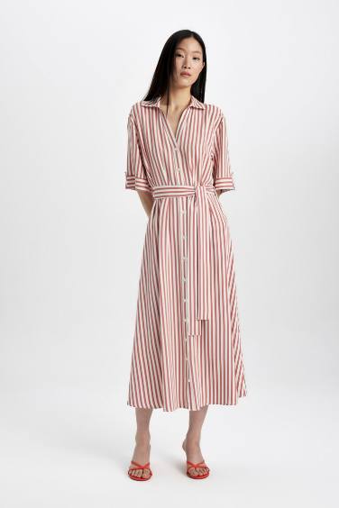 Shirt Collar Striped Belted Linen Midi Dress