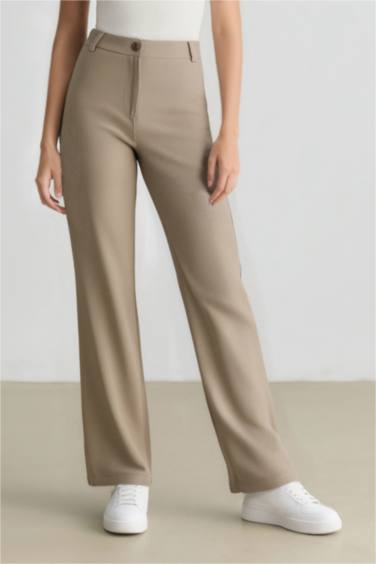 Straight Fit High Waist Wide Leg Linen Blend Trousers