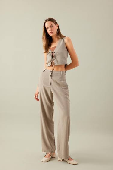 Straight Fit High Waist Wide Leg Linen Blend Trousers