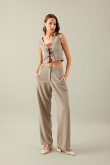 Straight Fit High Waist Wide Leg Linen Blend Trousers