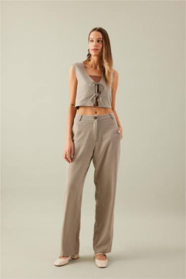 Straight Fit High Waist Wide Leg Linen Blend Trousers