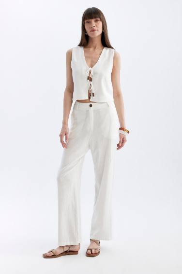 Straight Fit High Waist Wide Leg Linen Blend Trousers