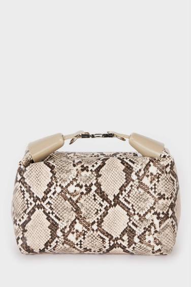 Woman Buckle Detailed Snakeskin Look Faux Leather Handbag