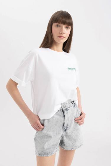 Oversize Fit Crew Neck Slogan Printed Cotton T-Shirt