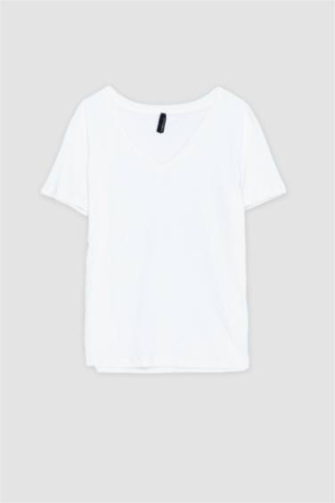 تيشيرت نص كم من قطن قصة عادية برقبة V