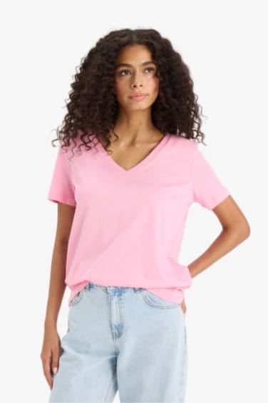 تيشيرت نص كم عادي برقبة V من قطن ممشط