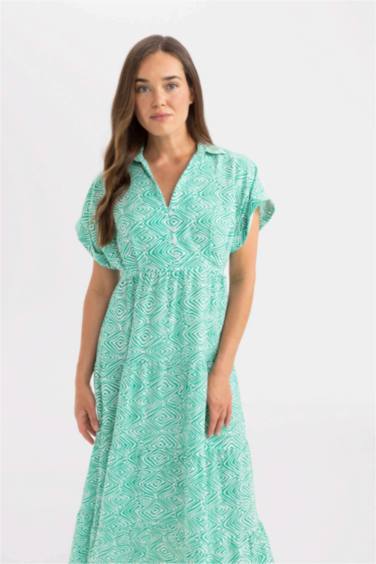 Gömlek Yaka Desenli Viskon Kısa Kollu Maxi Elbise