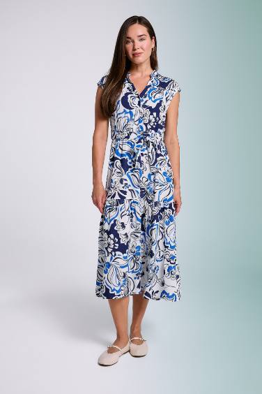 Patterned Shirt Collar Sleeveless Midi Dress