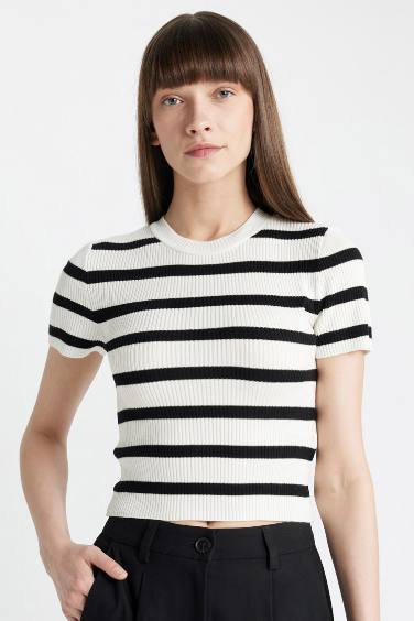 Crew Neck Ribbed Striped Crop Pullover