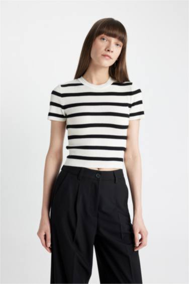 بلوفر تريكو كروب مخطط برقبة مستديرة