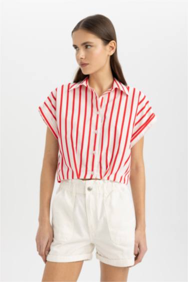 Striped Short Sleeve Poplin Crop Shirt