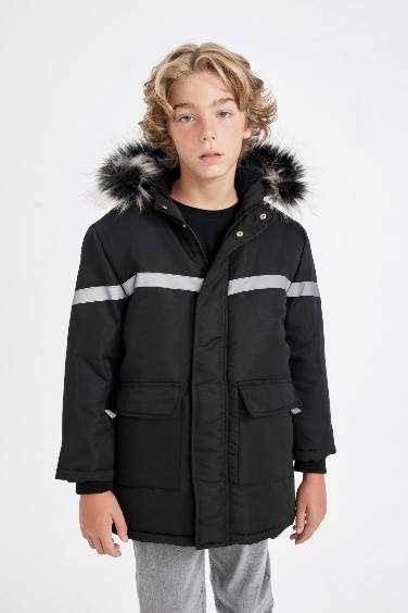 Boy Removable Faux Fur Collar Hooded Plush Lining Jacket