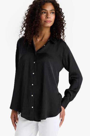 Стандартный крой рубашечный воротник атласная рубашка с длинным рукавом