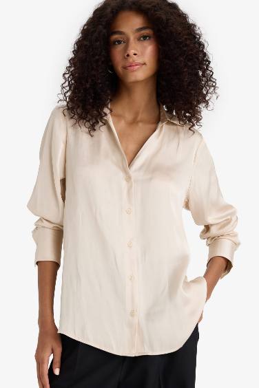 Oversize Fit Shirt Collar Satin Basic Long Sleeve Shirt
