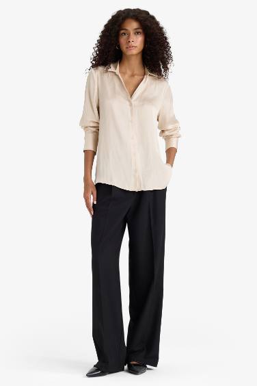 Oversize Fit Shirt Collar Satin Basic Long Sleeve Shirt