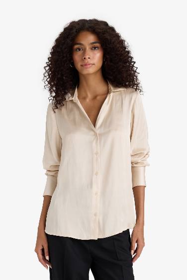 Oversize Fit Shirt Collar Satin Basic Long Sleeve Shirt