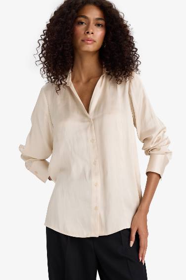Oversize Fit Shirt Collar Satin Basic Long Sleeve Shirt