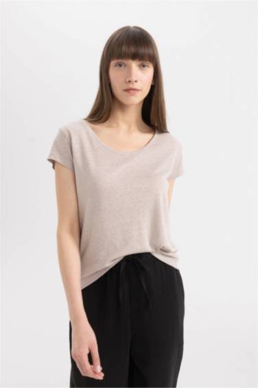 Regular Fit Crew Neck Linen Blend Basic T-Shirt