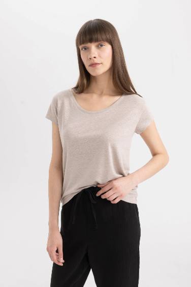 Regular Fit Crew Neck Linen Blend Basic T-Shirt