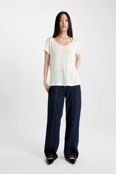 Regular Fit Crew Neck Linen Blend Basic T-Shirt