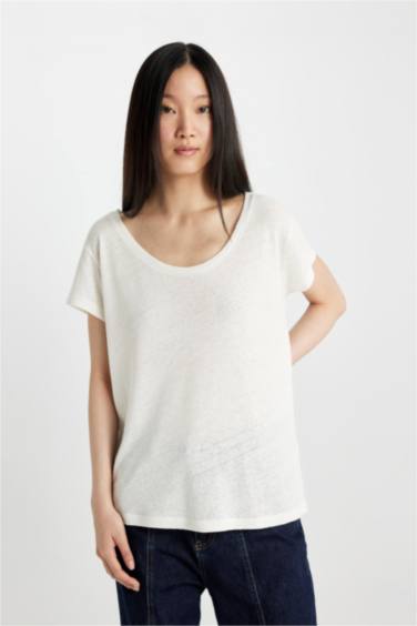Regular Fit Crew Neck Linen Blend Basic T-Shirt