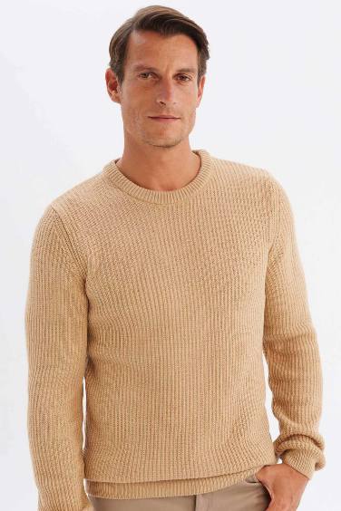 Beige Standard Fit Crew Neck Textured Knitted Pullover