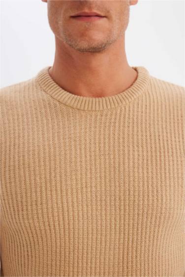 Beige Standard Fit Crew Neck Textured Knitted Pullover
