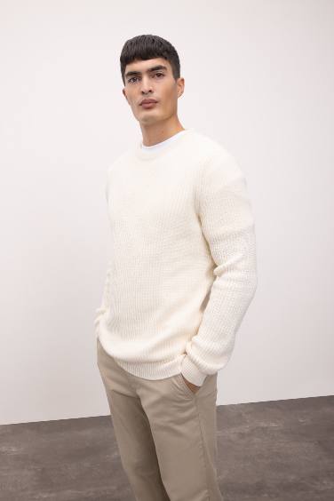 Standard Fit Crew Neck Textured Knitted Pullover