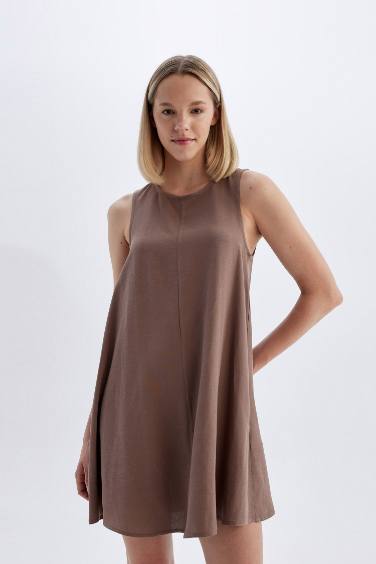 A-Line Crew Neck Linen Sleeveless Mini Dress