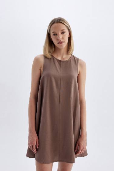 A-Line Crew Neck Linen Sleeveless Mini Dress