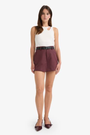Yüksek Bel Düz Paça Kemerli Şort Etek