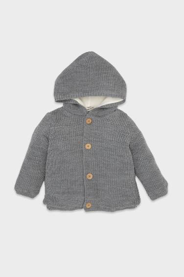 Baby Boy Hooded Plush Lined Buttoned Knitwear Cardigan