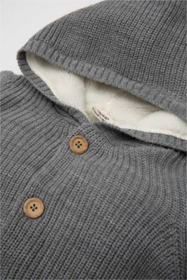 Baby Boy Hooded Plush Lined Buttoned Knitwear Cardigan