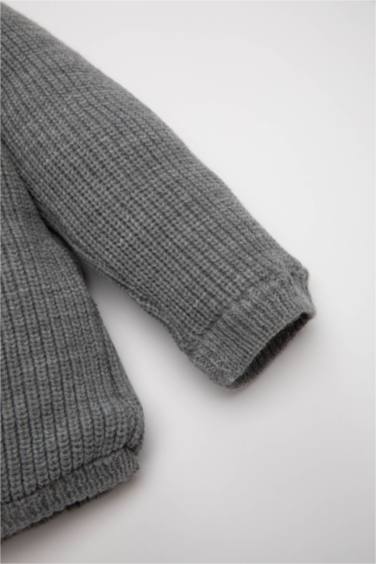 Baby Boy Hooded Plush Lined Buttoned Knitwear Cardigan