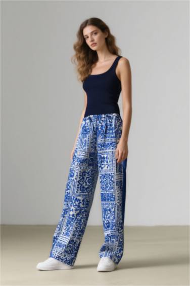 Wide Leg Patterned Pocket High Waist Trousers