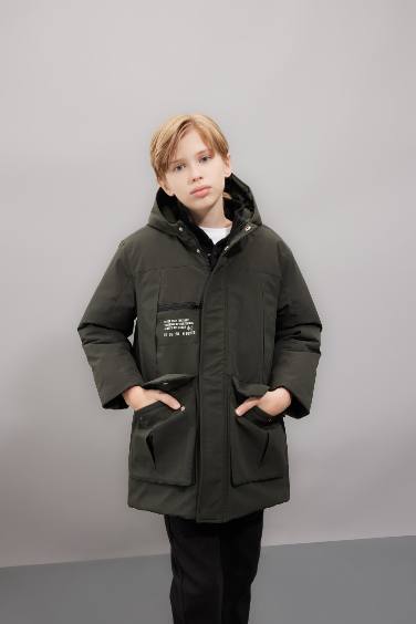 Boy Waterproof Hooded Zippered Pocketed Puffer Jacket