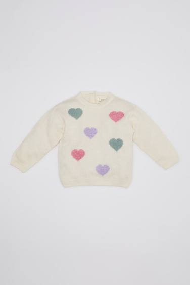 Baby Girl Crew Neck Heart Patterned Knitted Pullover