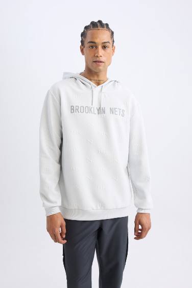 DeFactoFit NBA Brooklyn Nets Standart Fit Kapüşonlu Baskılı Jakarlı Sweatshirt