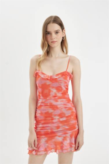 Bodycon Desenli Tül Askılı Mini Elbise