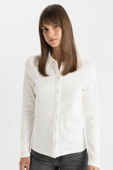 Buttoned Basic Ribbed Long Sleeve Shirt Tunic