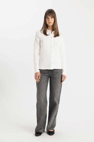 Buttoned Basic Ribbed Long Sleeve Shirt Tunic