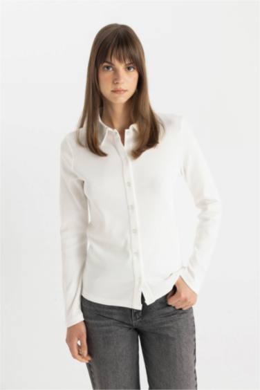 Buttoned Basic Ribbed Long Sleeve Shirt Tunic