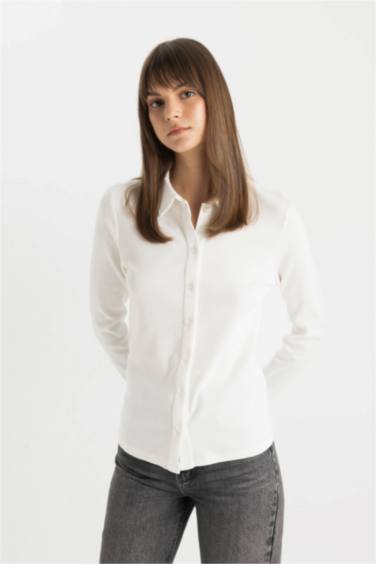 Buttoned Basic Ribbed Long Sleeve Shirt Tunic