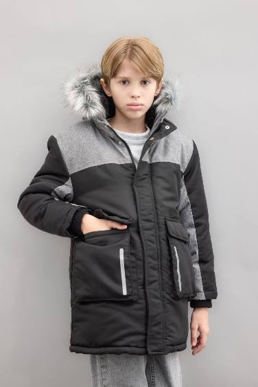 Boy Removable Faux Fur Collar Hooded Plush Lined Jacket