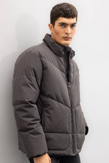 Slim Fit Stand Collar Zippered Pocketed Puffer Jacket